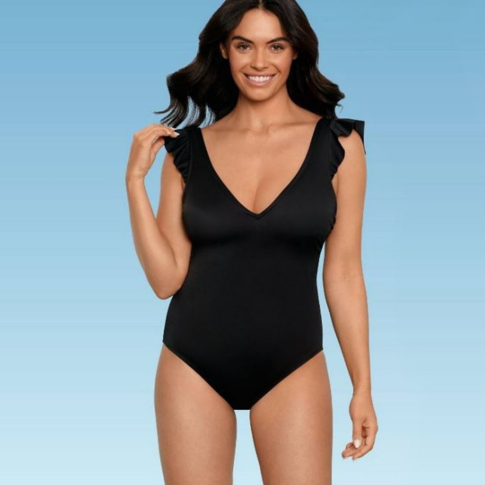 Beach Betty Slimming Ruffle Sleeve One Piece Swimsuit - Black